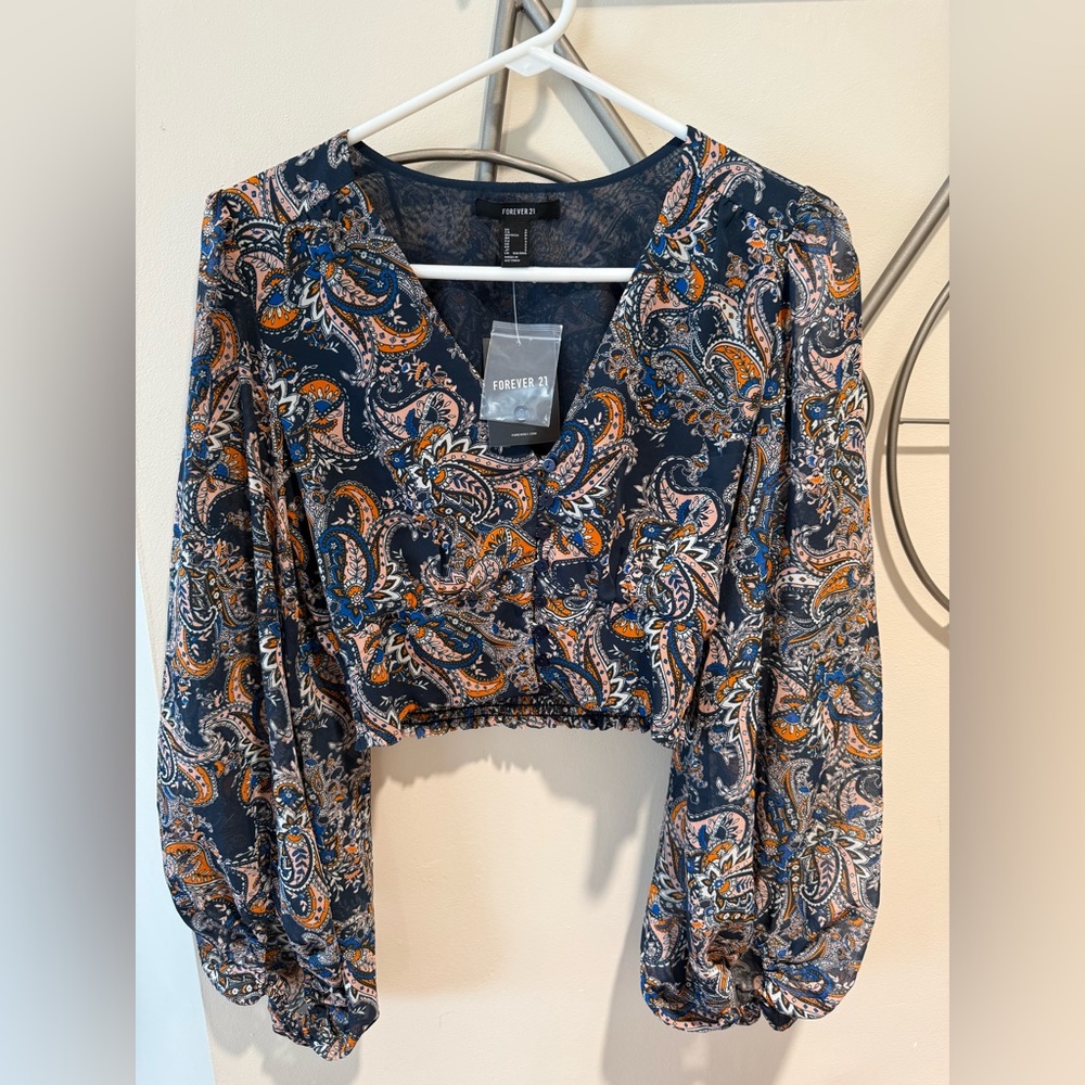 Forever 21 Paisley Cropped Blouse - Navy and Orange, Bohemian, S